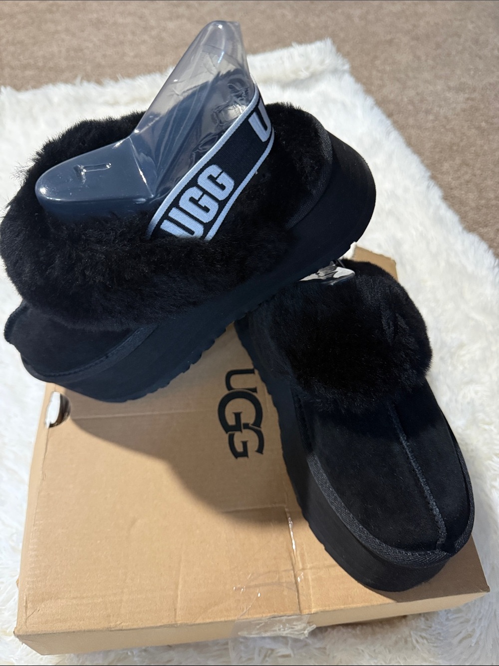 UGG Kids Black Fuzzy Slide with Branded Elastic Heel